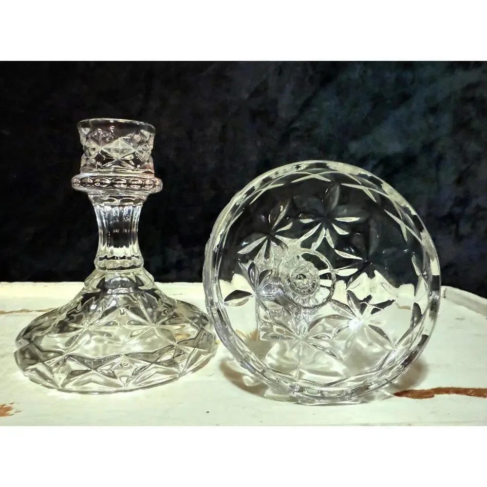 Vintage Pair Pressed Glass Candlestick Holders Starburst Pattern Clear